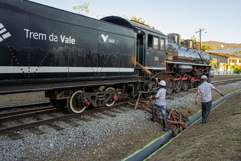 Two workers wearing white helmets and casual clothing are standing beside a black steam locomotive on railway tracks, with one worker lifting a bundle of wooden logs and the other walking nearby. The locomotive, which is painted black with red wheel components and a weathered metal surface, belongs to the Tren da Vale railway service, as indicated by the labeling on its side. The scene takes place outdoors during daylight, with a clear sky and a background of trees, houses, and distant hills. The workers are positioned on a gravel and soil surface adjacent to a paved path, and they appear to be involved in some form of on-site clearance or maintenance work, possibly related to railway or infrastructure upkeep. This image exemplifies the type of private or independent waste handling often necessary during routine railway and site maintenance tasks, aligning with rubbish removal or site clearance services conducted by companies such as House Clearance Maida Vale.
